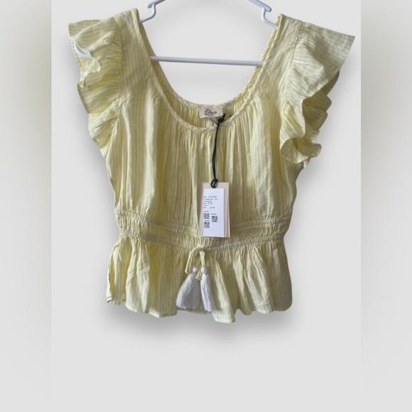 Elan Tops - Women’s Elan Ruffle Sleeve Peplum Top Smocked Waist Tie Yellow Stripes Sm NWT